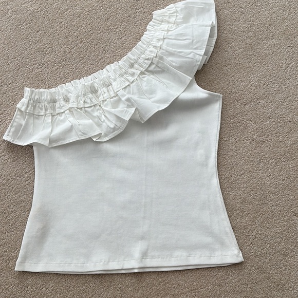 1 shoulder white ruffle shirt. By porridge. New with tags. Ribbed texture body. - Picture 4 of 6